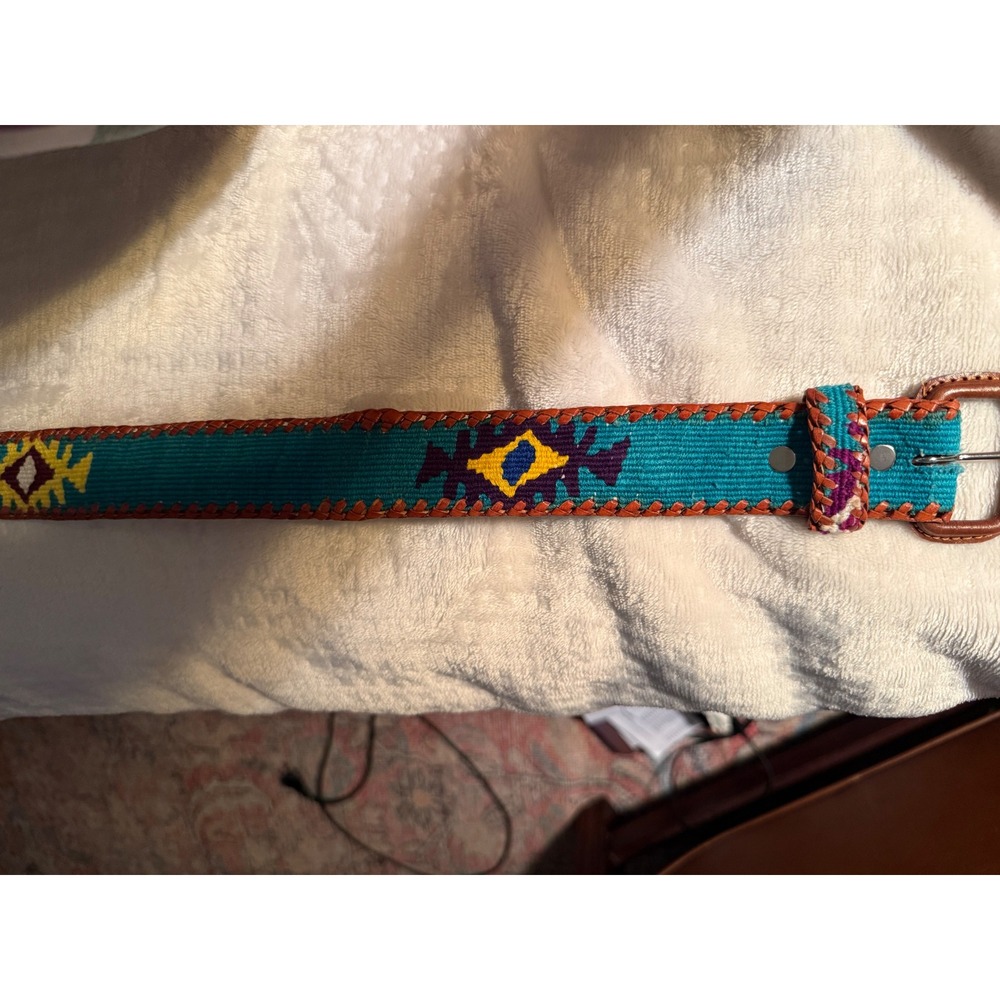 Live Hooked Teal Woven Southwestern Leather Whipstitch Belt Size 34 Womens